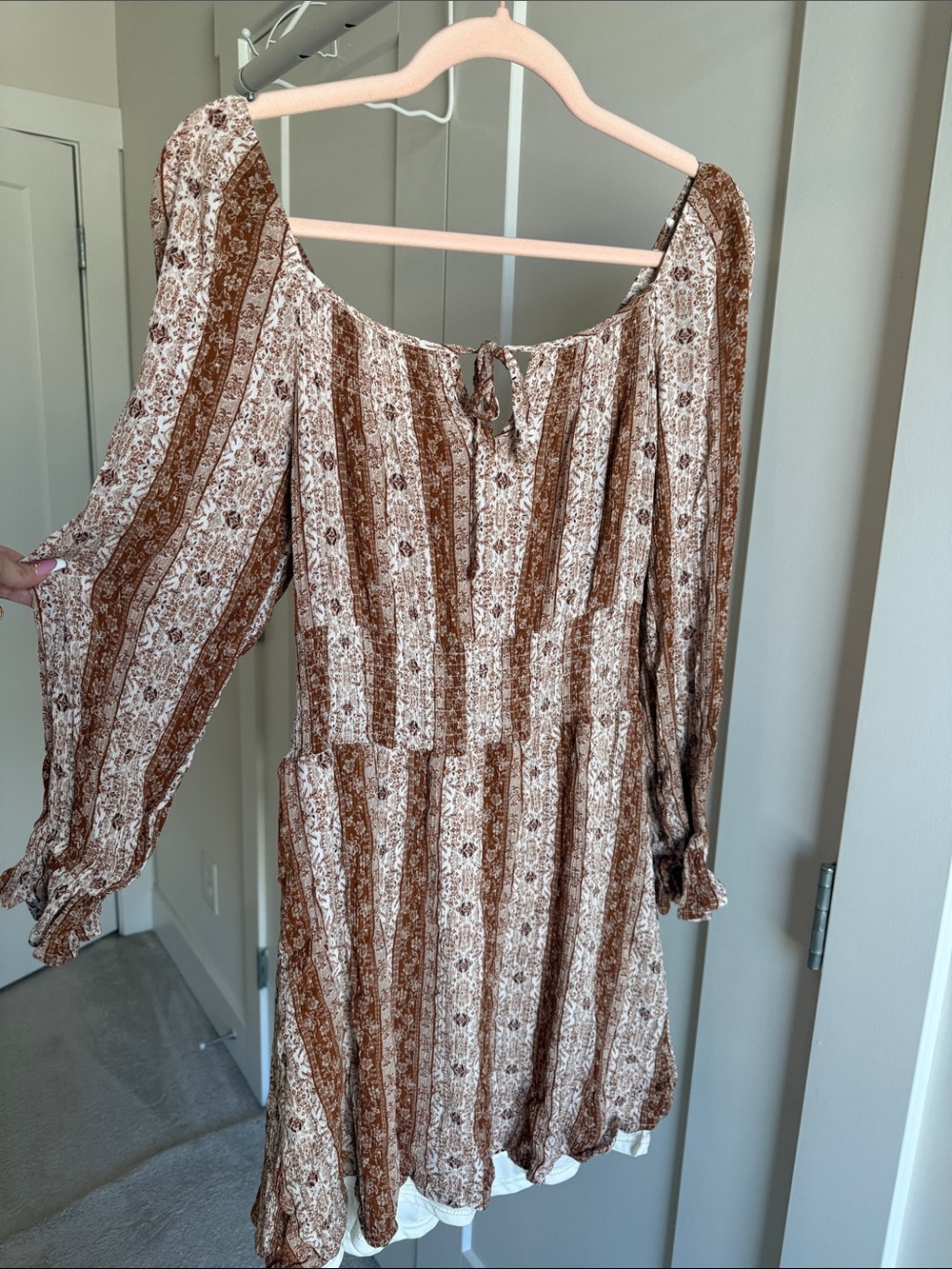 vestique Brown and Cream Long Sleeve Boho Dress